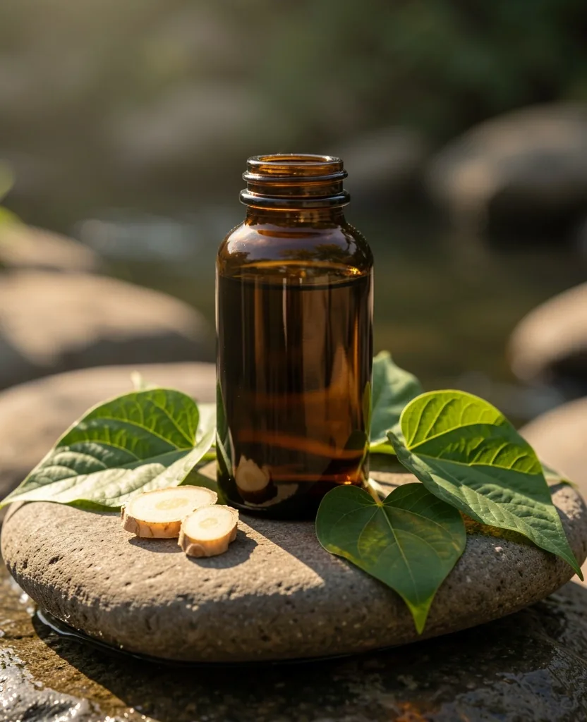Botanical ingredients and supplement bottles on a stone surface