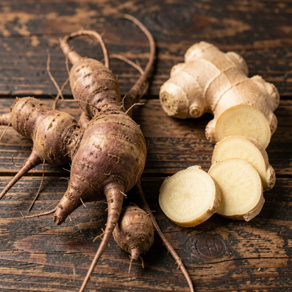 Maca and ginger root on dark wood