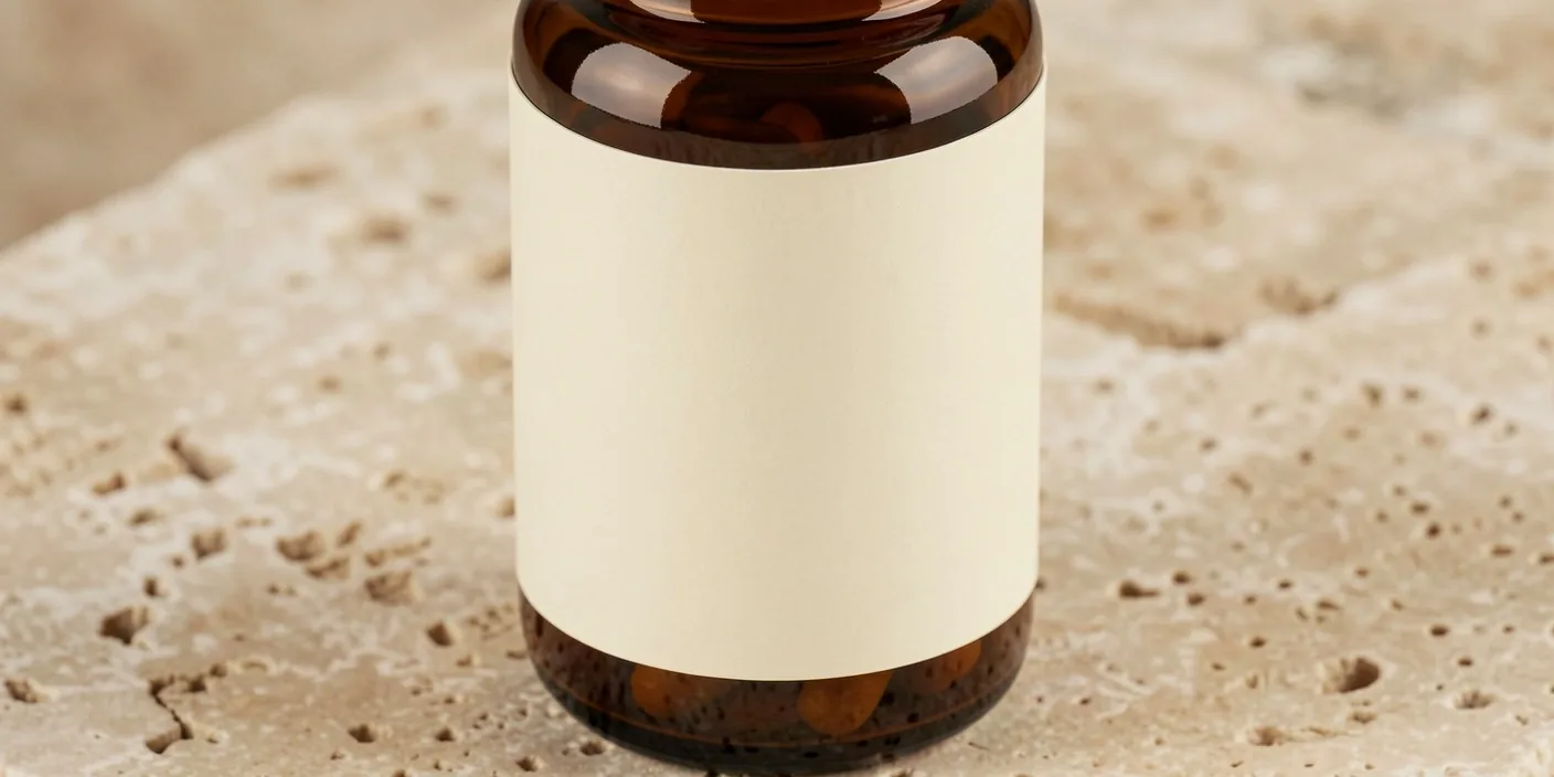 A supplement bottle with a transparent label