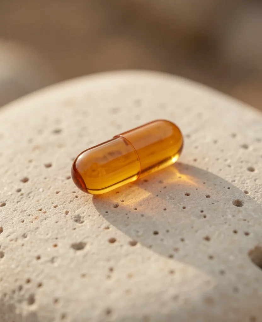 A natural supplement capsule photographed on volcanic stone