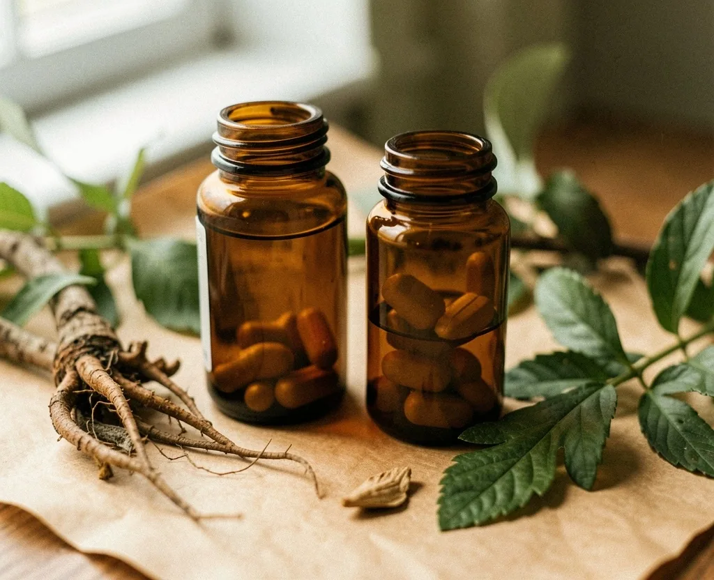Natural supplement bottles with botanical ingredients on a warm surface