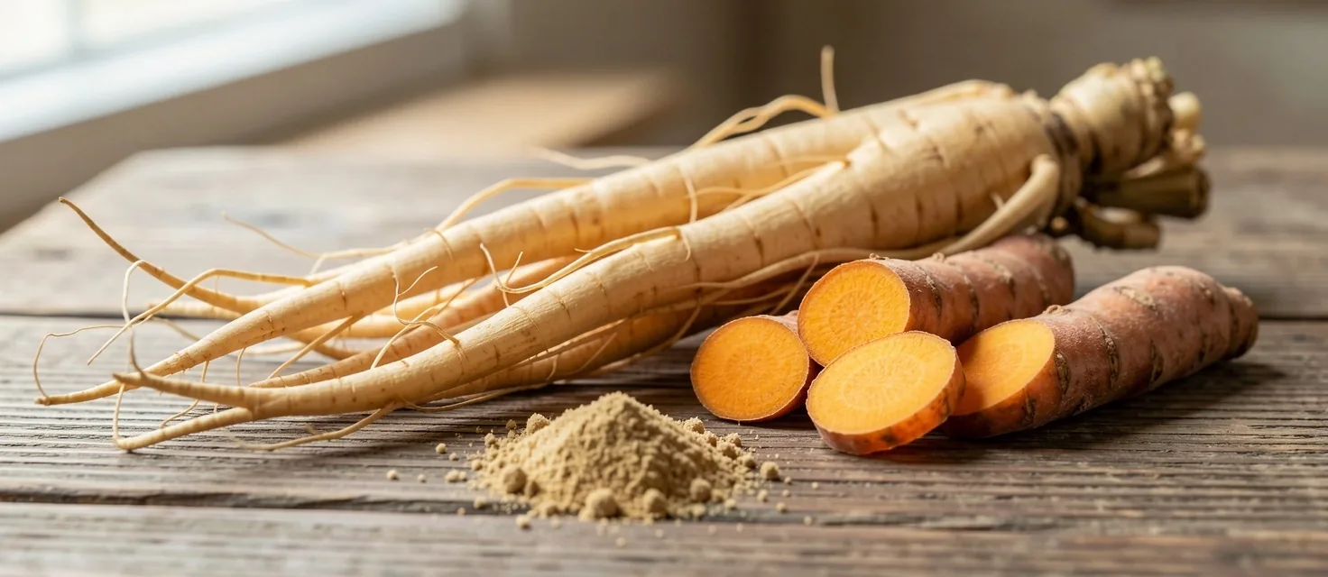 Natural wellness ingredients arranged on wooden surface